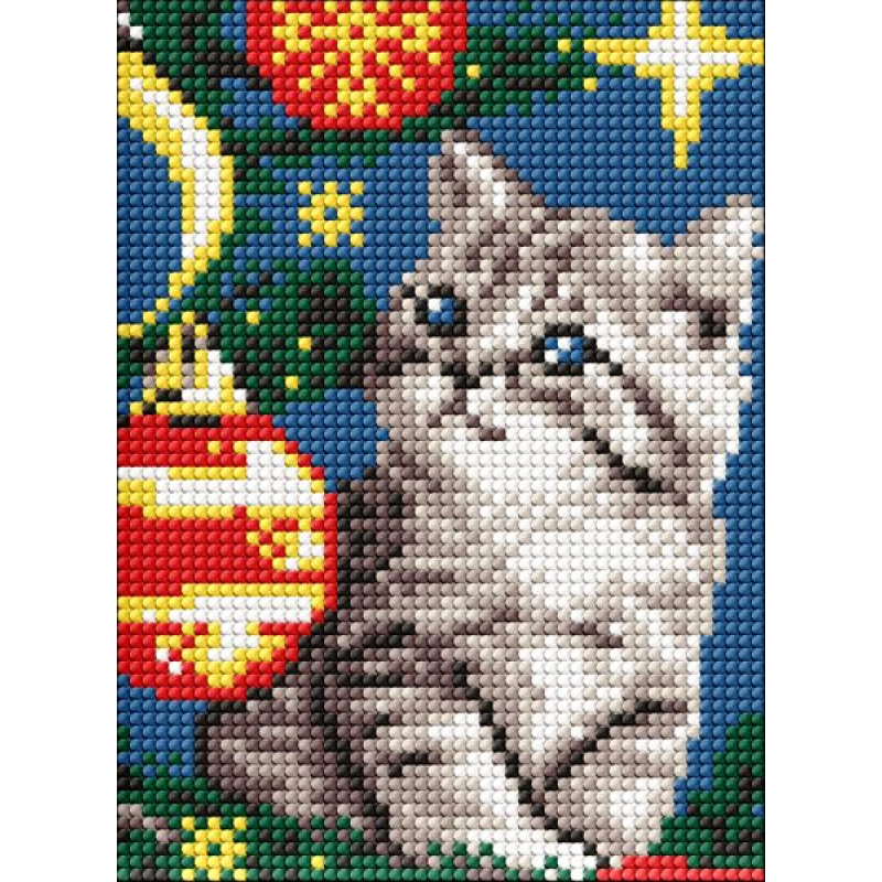 Алмазна мозаїка без підрамника - Кошеня під ялинкою ©art_selena_ua