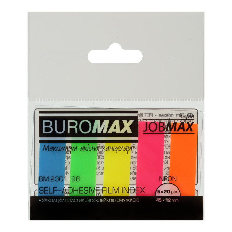 Закладки пласт. з клейким шаром NEON 45x12мм, 5х20арк., JOBMAX, асорті