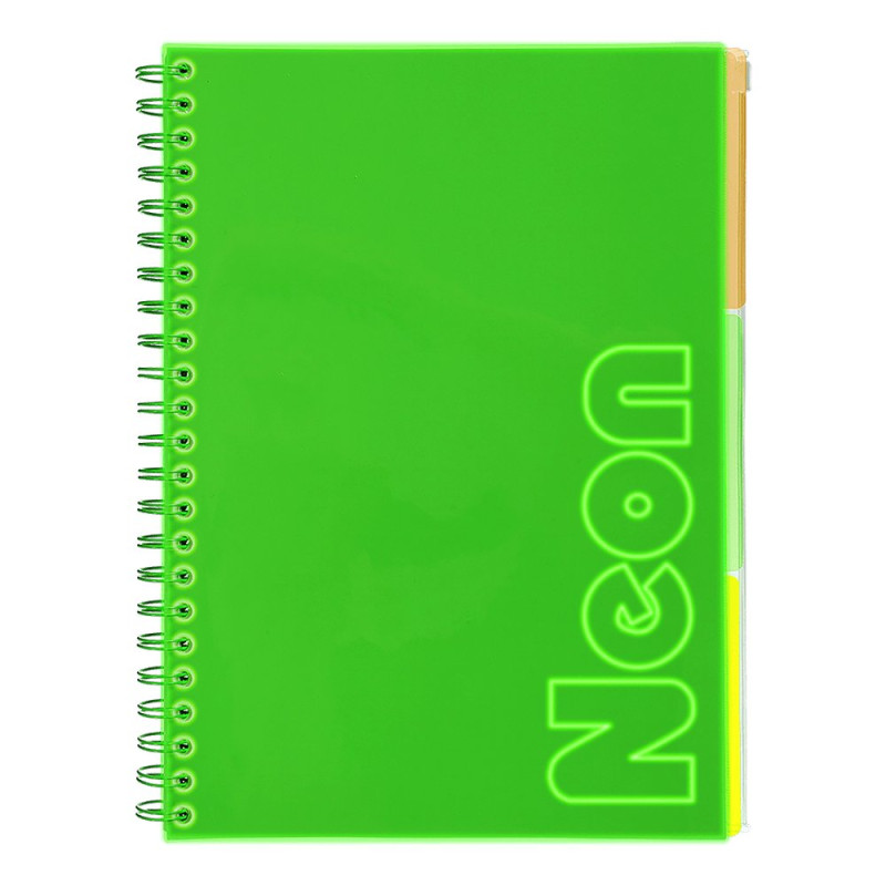 Зошит на пружині NEON, А4 (210x297), 120 арк, клітинка, 3 PVC розділювачі, PVC обкладинка, зелений