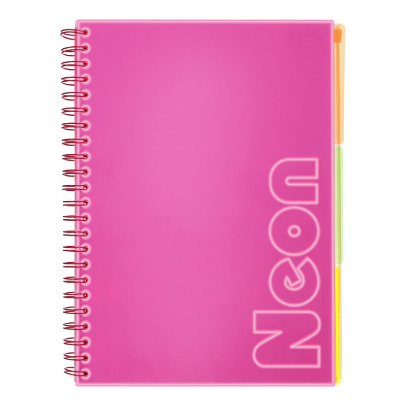 Зошит на пружині NEON, А4 (210x297), 120 арк, клітинка, 3 PVC розділювачі, PVC обкладинка, рожевий