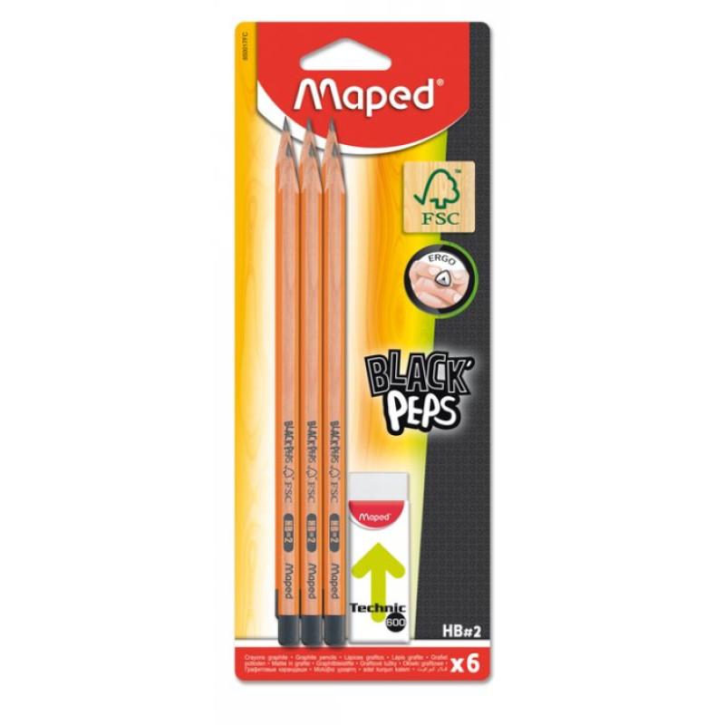 Олівці графітові BLACK  HB, з гумкою, + гумка коробка з підвісом