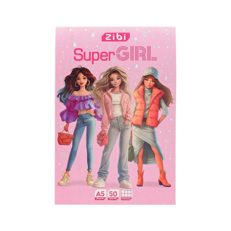 Блокнот-планшет SUPER GIRL, A5, 50арк, клітинка, клеєний, картон. обкладинка Блокнот-планшет SUPER GIRL, A5, 50арк, клітинка, клеєний, картон. обкладинка