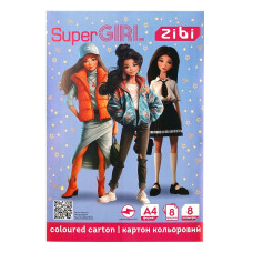 Картон кольоровий двосторонній (целюлозний) SUPER GIRL, А4, 8 кольорів - 8 аркушів, 215 г/м2, KIDS