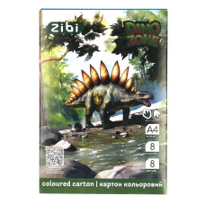 Картон кольоровий двосторонній (целюлозний) DINO, А4, 8 кольорів - 8 аркушів, 215 г/м2, KIDS Line
