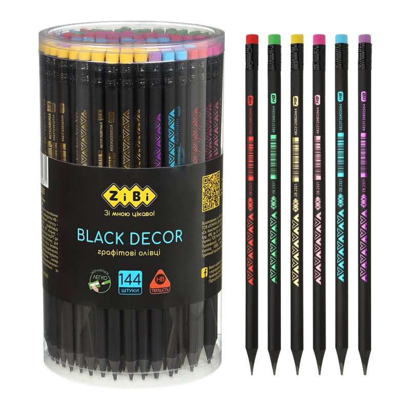 Олівець графітовий HB, BLACK DECOR, пластиковий, триграний, з гумкою, туба - 144 шт, KIDS Line Олівець графітовий HB, BLACK DECOR, пластиковий, триграний, з гумкою, туба - 144 шт, KIDS Line