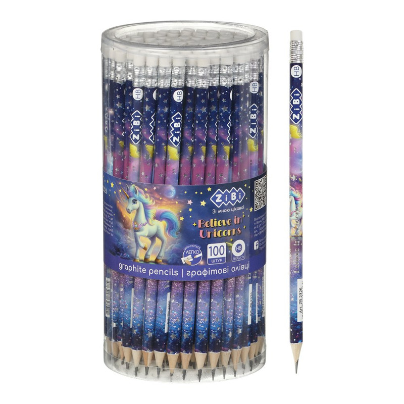 Олівець графітовий HB, UNICORN, з гумкою, туба - 100 шт, KIDS Line