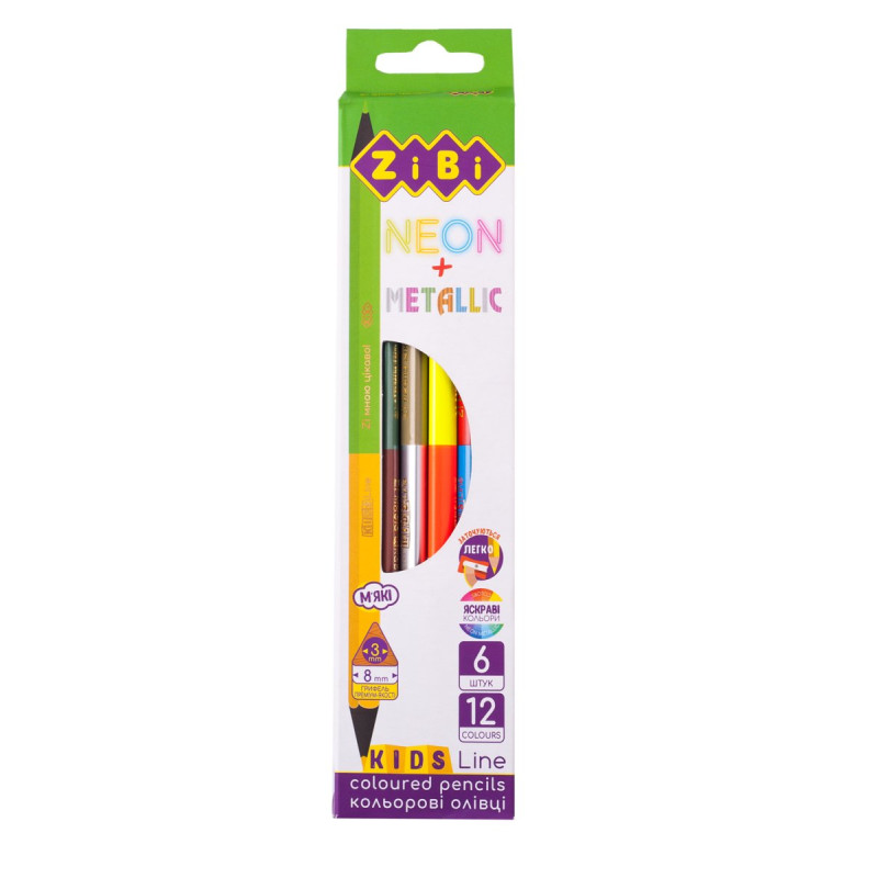 Олівці кольорові Double Neon+Metallic, 6 шт. (12 кол.), KIDS LINE