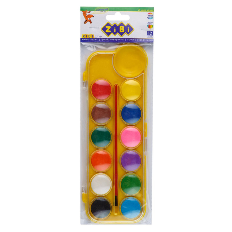 Фарби аквар. 12 кол.,  пласт./кор., з пензлем, жовтий, KIDS Line