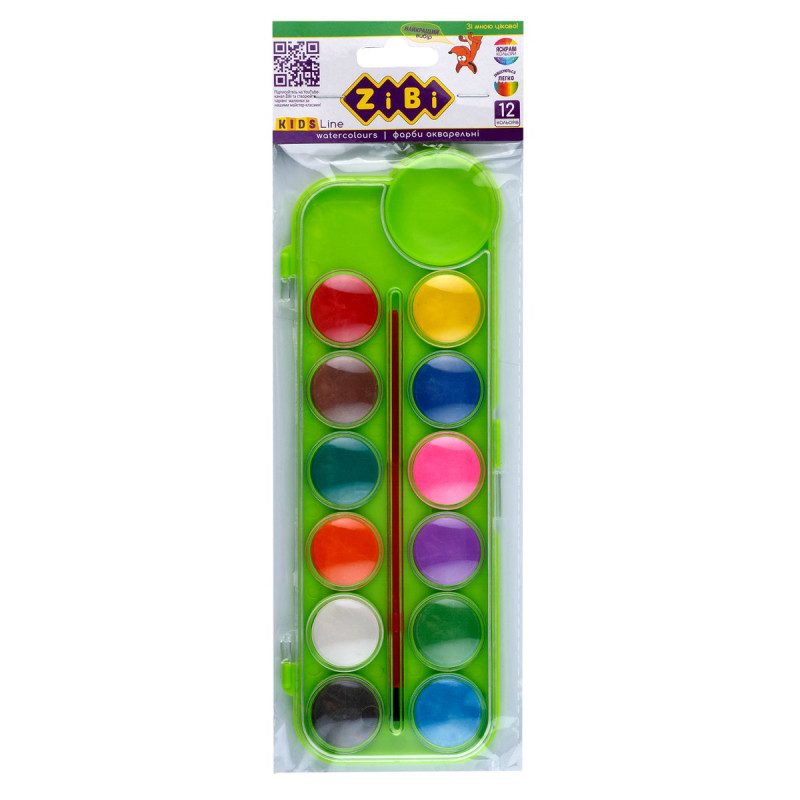 Фарби аквар. 12 кол.,  пласт./кор., з пензлем., салатовий, KIDS Line