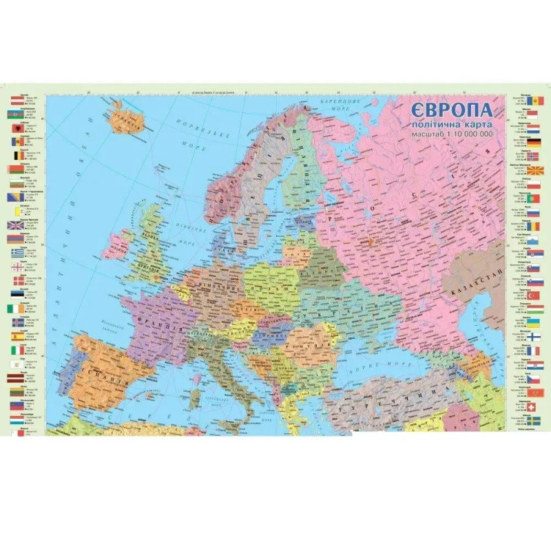 Карта Європи політична М1: 10 000000, 65*45 см., картон/ламінація / ІПТ