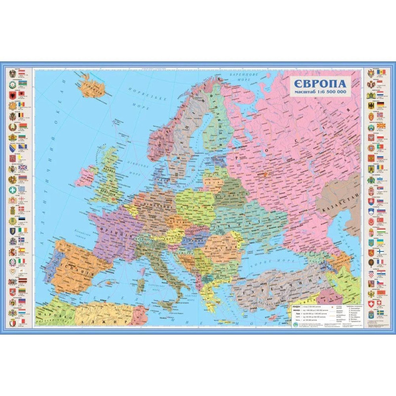 Карта Європи політична М1: 6 500 000. 100*70 см., папір / ламінація